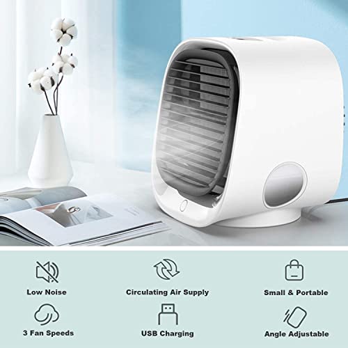 MOGUU Portable Air Conditioner, Evaporative Cooler Fan, 3 Wind Speed & 7 LED Light, USB Powered Personal with 300ml Water Tank for Home, Bedroom, Office, Dorm, Car, Camping Tent, White