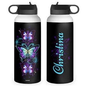 wowcugi butterfly water bottle personalized sport stainless steel insulated sports bottles 32oz 18oz 12oz birthday christmas custom butterfly gifts for girls women kids teen custom name