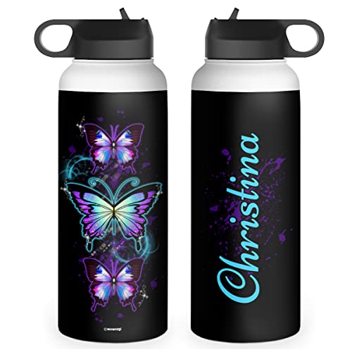 wowcugi Butterfly Water Bottle Personalized Sport Stainless Steel Insulated Sports Bottles 32oz 18oz 12oz Birthday Christmas Custom Butterfly Gifts For Girls Women Kids Teen Custom Name