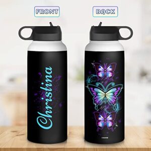 wowcugi Butterfly Water Bottle Personalized Sport Stainless Steel Insulated Sports Bottles 32oz 18oz 12oz Birthday Christmas Custom Butterfly Gifts For Girls Women Kids Teen Custom Name