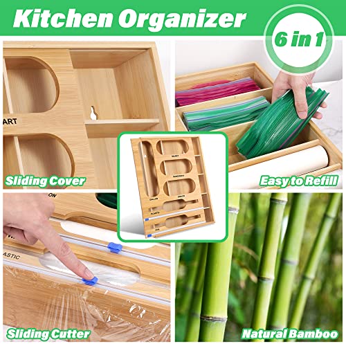 Ziplock Bag Organizer, 6 in 1 Bamboo Food Storage Bag for Kitchen Drawer or Wall Mount, Cling Film Dispenser with Slide Cutter, Multipurpose Bag Holder Box Suitable for Wax Variety Size Bags