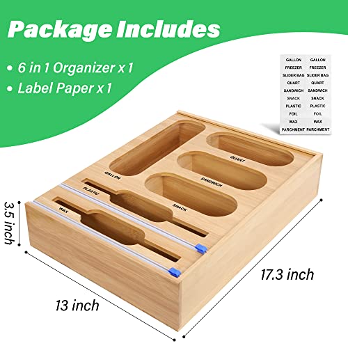 Ziplock Bag Organizer, 6 in 1 Bamboo Food Storage Bag for Kitchen Drawer or Wall Mount, Cling Film Dispenser with Slide Cutter, Multipurpose Bag Holder Box Suitable for Wax Variety Size Bags