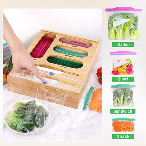 Ziplock Bag Organizer, 6 in 1 Bamboo Food Storage Bag for Kitchen Drawer or Wall Mount, Cling Film Dispenser with Slide Cutter, Multipurpose Bag Holder Box Suitable for Wax Variety Size Bags