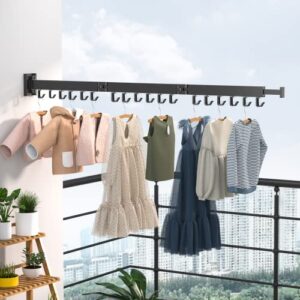 Wall Mounted Clothes Hanger Rack, Retractable Clothes Drying Rack Folding Indoor, Laundry Drying Rack, Space Saver Clothes Rack,Collapsible(Tri-Fold),with 18 J-Hooks Laundry Rack Black