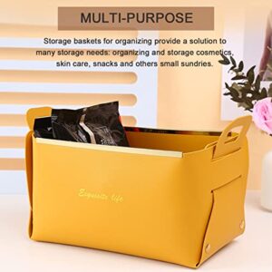 XINSHUN Foldable Storage Basket Bin, Faux Leather Organizer Container Box with Handles,Small Leather Foldable Tissue Box for Desktop or Table Entryway Table Key, Wallet, Watch, Coin Change