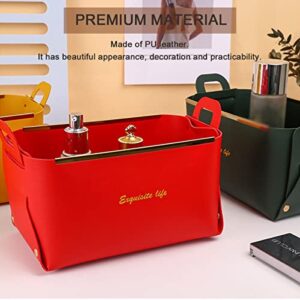 XINSHUN Foldable Storage Basket Bin, Faux Leather Organizer Container Box with Handles,Small Leather Foldable Tissue Box for Desktop or Table Entryway Table Key, Wallet, Watch, Coin Change