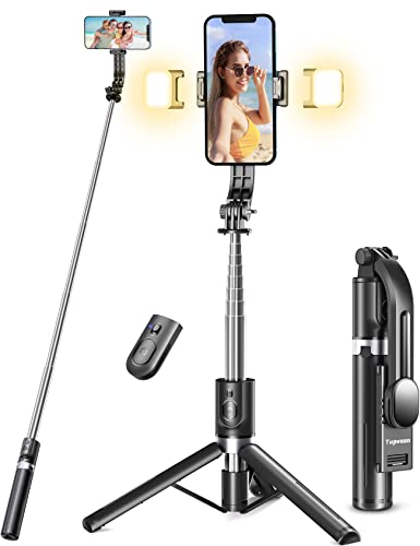 44.9 Inch Selfie Stick with Reinforced Tripod - 2 Fill Lights, Tupwoon Extendable & Portable Phone Tripod with Remote, Compatible with iPhone 14 Pro Max/13/12/11 Samsung Android