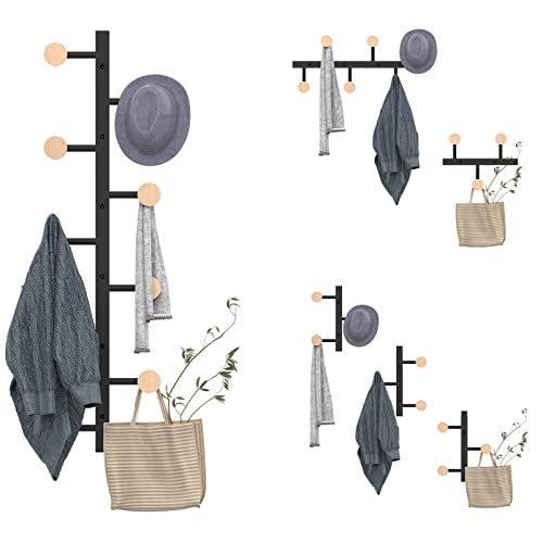 Jakyitvi Detachable Coat Rack Wall Mounted with 9 Hooks, Vertical or Horizontal Coat Hooks, DIY 1/2/3-Section Hat Rack, Metal and Wooden Hooks for Hanging, for Bathroom Entryway Bedroom