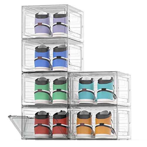 TVKB Large Clear Shoe Organizer Boxes Stackable Shoe Storage Sturdy Hard Plastic Shoe Box with Magnetic Front Door for Closet, Easy Assembly, Fit Up to Size 12(13.4"*10.6"*7.4)