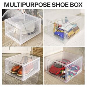 TVKB Large Clear Shoe Organizer Boxes Stackable Shoe Storage Sturdy Hard Plastic Shoe Box with Magnetic Front Door for Closet, Easy Assembly, Fit Up to Size 12(13.4"*10.6"*7.4)