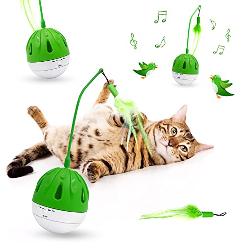 WINGPET Automatic Cat Toy Interactive Toys, Cat Feather Toys, Funny Swing Ball with Feather, Cat Exercise Toy with Sound, Pet Toys Ball with Detachable Rocker and 1 Light Ball (Green)