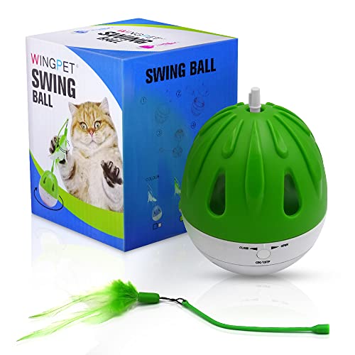 WINGPET Automatic Cat Toy Interactive Toys, Cat Feather Toys, Funny Swing Ball with Feather, Cat Exercise Toy with Sound, Pet Toys Ball with Detachable Rocker and 1 Light Ball (Green)