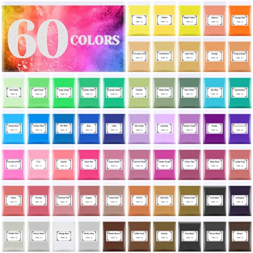 Mica Powder 60 Colors Mica Powder Epoxy Set Resin Pigment Powder Natural Pearlescent Color for Soap Making Epoxy Resin Dye Slime Pigment Nail Polish Cosmetic Pigment Powder Paint Powder Set.