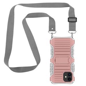 E-Tree Compatible with iPhone 12 Mini Case Cross Body Strap and Stand,2 in 1 Shockproof Hybrid Hard PC & Soft Rubber, Crossbody Lanyard Perfect for Go Outside and Kid Elderly(Pink)