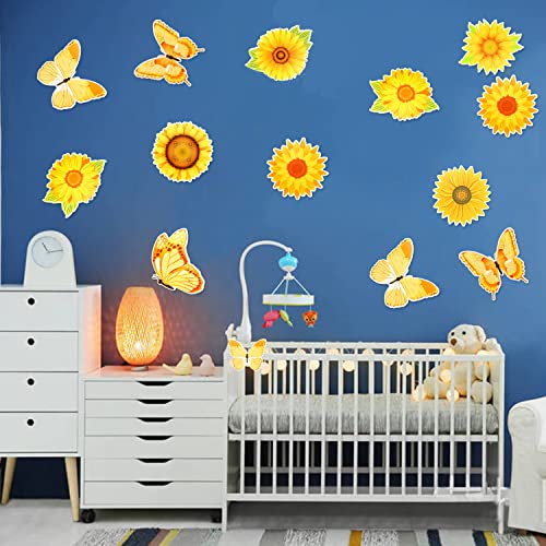 Summer Sunflower Cutouts, BENBO 45Pcs Spring Sunflower Wall Decals Butterfly Gerbera Daisy Bulletin Board Decoration Springtime Flower Cutouts with Glue Point Dots for Classroom School Birthday Party