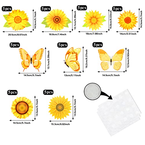 Summer Sunflower Cutouts, BENBO 45Pcs Spring Sunflower Wall Decals Butterfly Gerbera Daisy Bulletin Board Decoration Springtime Flower Cutouts with Glue Point Dots for Classroom School Birthday Party