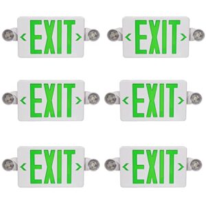 led exit sign with emergency light, green exit sign light with 90 minute battery backup, green letter emergency exit sign light with two adjustable heads, ac 120-277v, ul listed (6-pack, green)