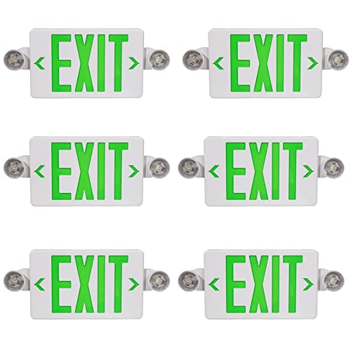 LED Exit Sign with Emergency Light, Green Exit Sign Light with 90 Minute Battery Backup, Green Letter Emergency Exit Sign Light with Two Adjustable Heads, AC 120-277V, UL Listed (6-Pack, Green)