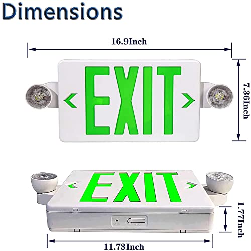 LED Exit Sign with Emergency Light, Green Exit Sign Light with 90 Minute Battery Backup, Green Letter Emergency Exit Sign Light with Two Adjustable Heads, AC 120-277V, UL Listed (6-Pack, Green)