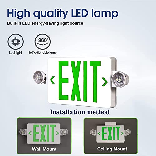 LED Exit Sign with Emergency Light, Green Exit Sign Light with 90 Minute Battery Backup, Green Letter Emergency Exit Sign Light with Two Adjustable Heads, AC 120-277V, UL Listed (6-Pack, Green)