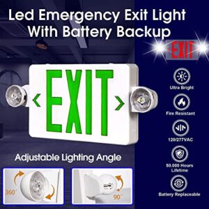 LED Exit Sign with Emergency Light, Green Exit Sign Light with 90 Minute Battery Backup, Green Letter Emergency Exit Sign Light with Two Adjustable Heads, AC 120-277V, UL Listed (6-Pack, Green)