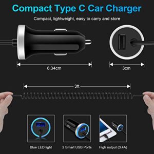 USB C Car Charger, 3.4A Fast Car Charging Lighter Adapter+3ft Type C Coiled Cable for Samsung Galaxy S23 S23+ S23 Ultra A54 A14 A32 A13 A53 S22 S21 S20 S10 A02S A03S A12,LG Stylo 6 5 4,Pixel 7 6 5 4a