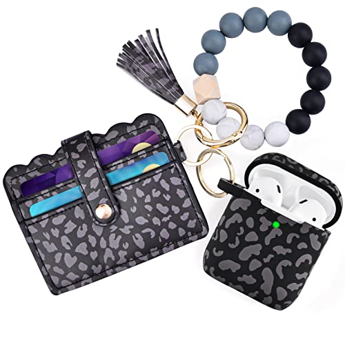 Case for Airpods 2/1, Filoto Cute Apple Airpod 1st/2nd Generation Case Cover for Women Girls, Silicone Case with Wristlet Bracelet Keychain Credit Card Holder Purse Accessories (Leopard Black)