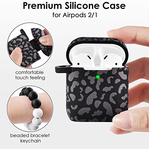 Case for Airpods 2/1, Filoto Cute Apple Airpod 1st/2nd Generation Case Cover for Women Girls, Silicone Case with Wristlet Bracelet Keychain Credit Card Holder Purse Accessories (Leopard Black)