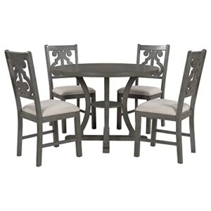 AOCOROE Round Dining Room Table Set for 4, Wood Dining Set with 42 Inch Round Table and 4 Padded Chairs, 5 Pieces Dining Table Set for Dinette Kitchen and Dining Room