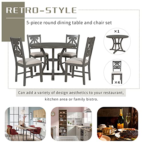 AOCOROE Round Dining Room Table Set for 4, Wood Dining Set with 42 Inch Round Table and 4 Padded Chairs, 5 Pieces Dining Table Set for Dinette Kitchen and Dining Room