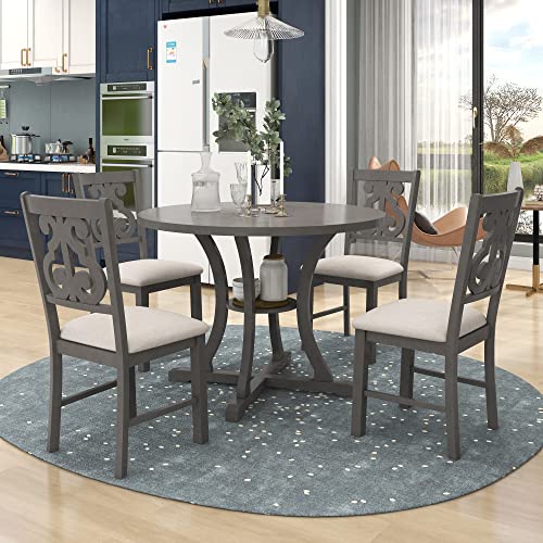 AOCOROE Round Dining Room Table Set for 4, Wood Dining Set with 42 Inch Round Table and 4 Padded Chairs, 5 Pieces Dining Table Set for Dinette Kitchen and Dining Room