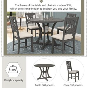 AOCOROE Round Dining Room Table Set for 4, Wood Dining Set with 42 Inch Round Table and 4 Padded Chairs, 5 Pieces Dining Table Set for Dinette Kitchen and Dining Room