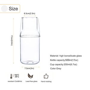 Bedside Night Water Carafe Set with Tumbler Glass Cup,Mouthwash Bottle Clear Glass Pitcher for Ice Tea Beverage for Bedroom Nightstand Bathroom Kitchen 500ml/17OZ (Transparent)