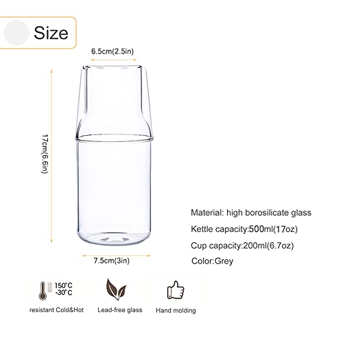 Bedside Night Water Carafe Set with Tumbler Glass Cup,Mouthwash Bottle Clear Glass Pitcher for Ice Tea Beverage for Bedroom Nightstand Bathroom Kitchen 500ml/17OZ (Transparent)