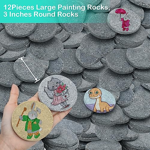 Lulonpon 12 Pieces Large Painting Rocks, 3 Inches Grey Round Rocks for Painting,Smooth Rocks Bulk,Flat Rocks,Natural Smooth Surface Arts and Crafting Painting Supplies (Little-L, Grey)