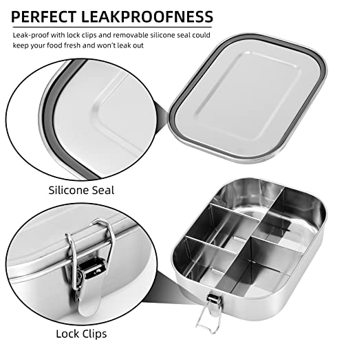 UPTRUST Stainless Steel Bento Lunch Food Box Container, 5-Compartment Large 1400ML Metal Bento Lunch Box Container for Kids or Adults with Lockable Clips to Leak Proof - BPA-Free - Dishwasher Safe