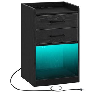 rolanstar nightstand -tool free quick install, end table with charging station and led lights, modern bed side table with 2 drawers, for bedroom, black