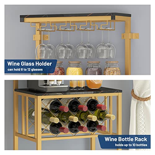 HOMYSHOPY Wine Bakers Rack, Freestanding Wine Rack with Glass Holder and Storage Shelves, Multifunctional Wine Bar Cabinet for Home Kitchen(Black)