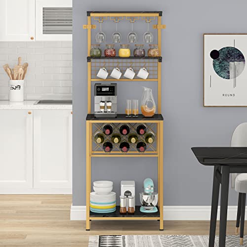 HOMYSHOPY Wine Bakers Rack, Freestanding Wine Rack with Glass Holder and Storage Shelves, Multifunctional Wine Bar Cabinet for Home Kitchen(Black)