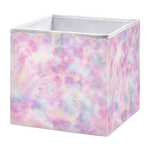 Ollabaky Pastel Tie Dye Cube Storage Bin, Foldable Fabric Storage Cube Basket Cloth Organizer Box with Handle for Closet Shelves, Nursery Storage Toy Bin - S