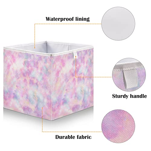 Ollabaky Pastel Tie Dye Cube Storage Bin, Foldable Fabric Storage Cube Basket Cloth Organizer Box with Handle for Closet Shelves, Nursery Storage Toy Bin - S