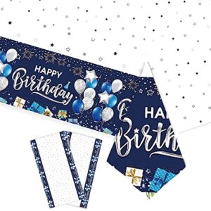 uomnicue happy birthday tablecloths, 2 pack navy blue and silver waterproof stainproof plastic disposable rectangle birthday table cover for kids boys girls baby shower birthday party decorations