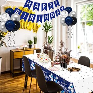 UOMNICUE Happy Birthday Tablecloths, 2 Pack Navy Blue and Silver Waterproof Stainproof Plastic Disposable Rectangle Birthday Table Cover for Kids Boys Girls Baby Shower Birthday Party Decorations