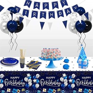 UOMNICUE Happy Birthday Tablecloths, 2 Pack Navy Blue and Silver Waterproof Stainproof Plastic Disposable Rectangle Birthday Table Cover for Kids Boys Girls Baby Shower Birthday Party Decorations