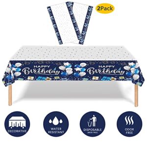 UOMNICUE Happy Birthday Tablecloths, 2 Pack Navy Blue and Silver Waterproof Stainproof Plastic Disposable Rectangle Birthday Table Cover for Kids Boys Girls Baby Shower Birthday Party Decorations