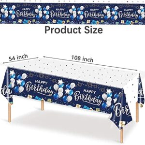 UOMNICUE Happy Birthday Tablecloths, 2 Pack Navy Blue and Silver Waterproof Stainproof Plastic Disposable Rectangle Birthday Table Cover for Kids Boys Girls Baby Shower Birthday Party Decorations