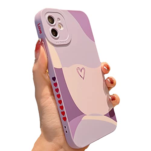 YKCZL Compatible with iPhone 12 Case 6.1Inch, Cute Painted Art Heart Pattern Full Camera Lens Protective Slim Soft Shockproof Phone Case for Women Girls(Purple)