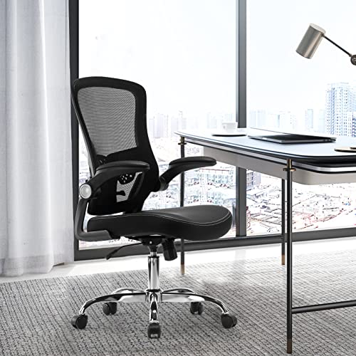 SAIBFARST Ergonomic Office Chair, PU Leather Home Desk Chair, Adjustable Height Swivel Mesh Chair Midback Computer Chair with Lumbar Support and Flip-up Armrests Executive Office Chairs