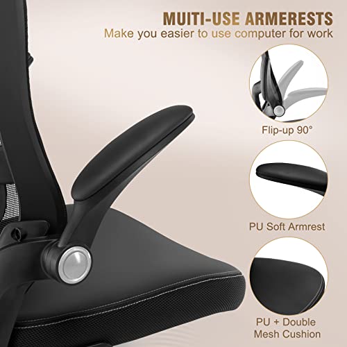 SAIBFARST Ergonomic Office Chair, PU Leather Home Desk Chair, Adjustable Height Swivel Mesh Chair Midback Computer Chair with Lumbar Support and Flip-up Armrests Executive Office Chairs