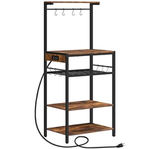 hoobro bakers rack with power outlet, 4-tier microwave stand with adjustable wine rack, coffee bar with 10 s-shaped hooks, for kitchen, living room, dinning room, rustic brown bf60uhb01